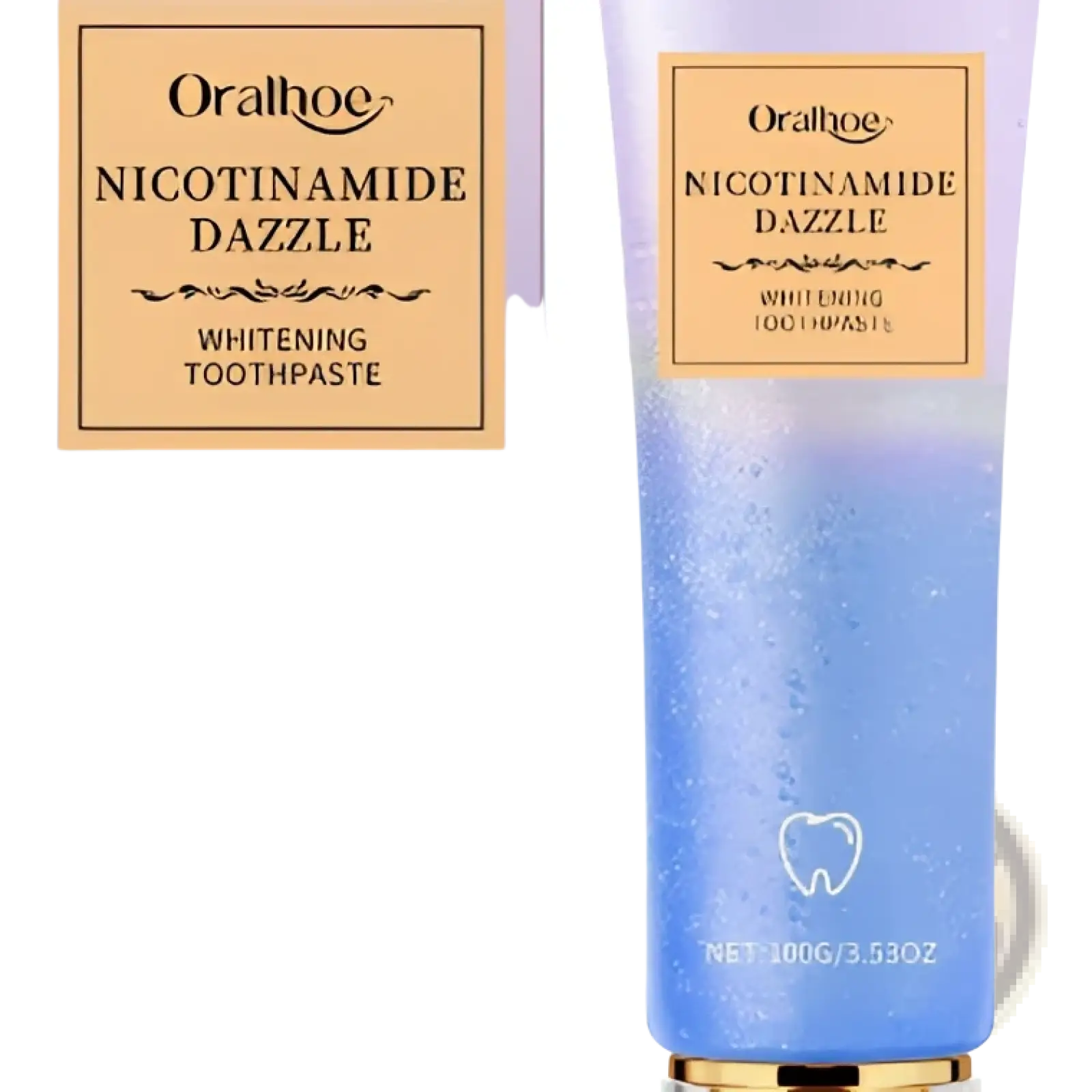 Oralhog niacinamide whitening toothpaste in a translucent blue tube with gold cap and matching box for oral b dazzle mint