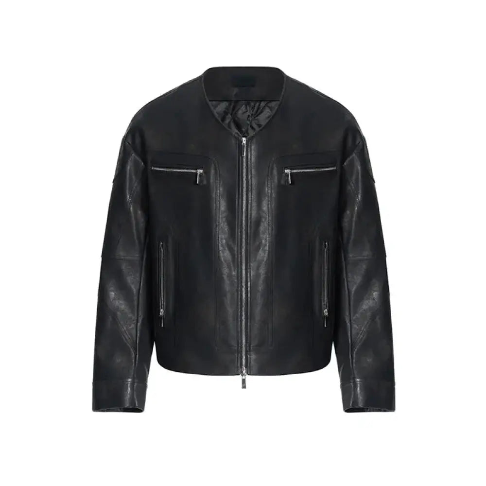 Men’s black leather bomber jacket with silver zippers and subtle sheen in slim fit v-neck design