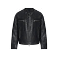 Men’s black leather bomber jacket with silver zippers and subtle sheen in slim fit v-neck design