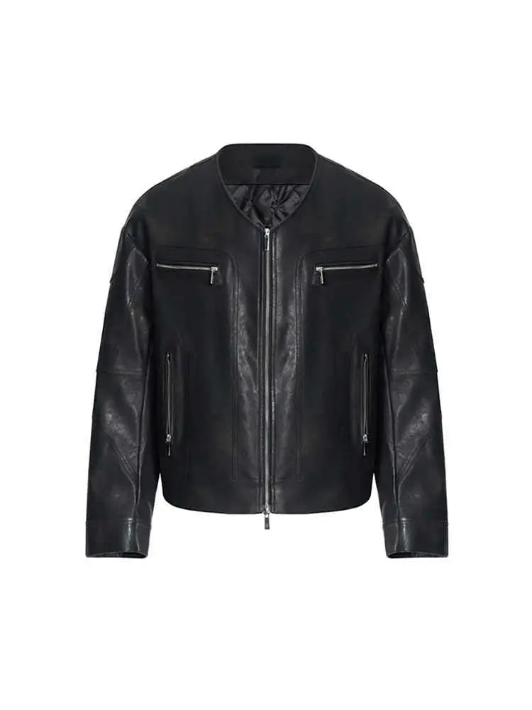 Men’s black leather slim fit bomber jacket with silver zippers and quilted inner lining for a sleek look