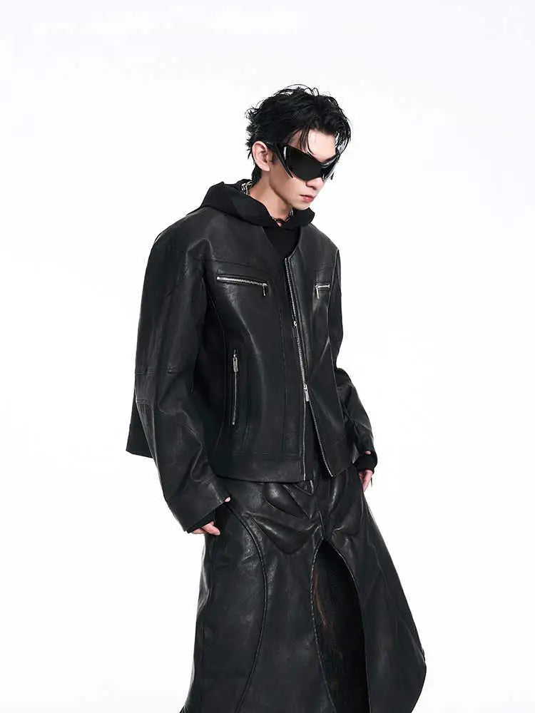Men’s black leather hooded slim fit bomber jacket with v neck and zipper details for stylish outerwear