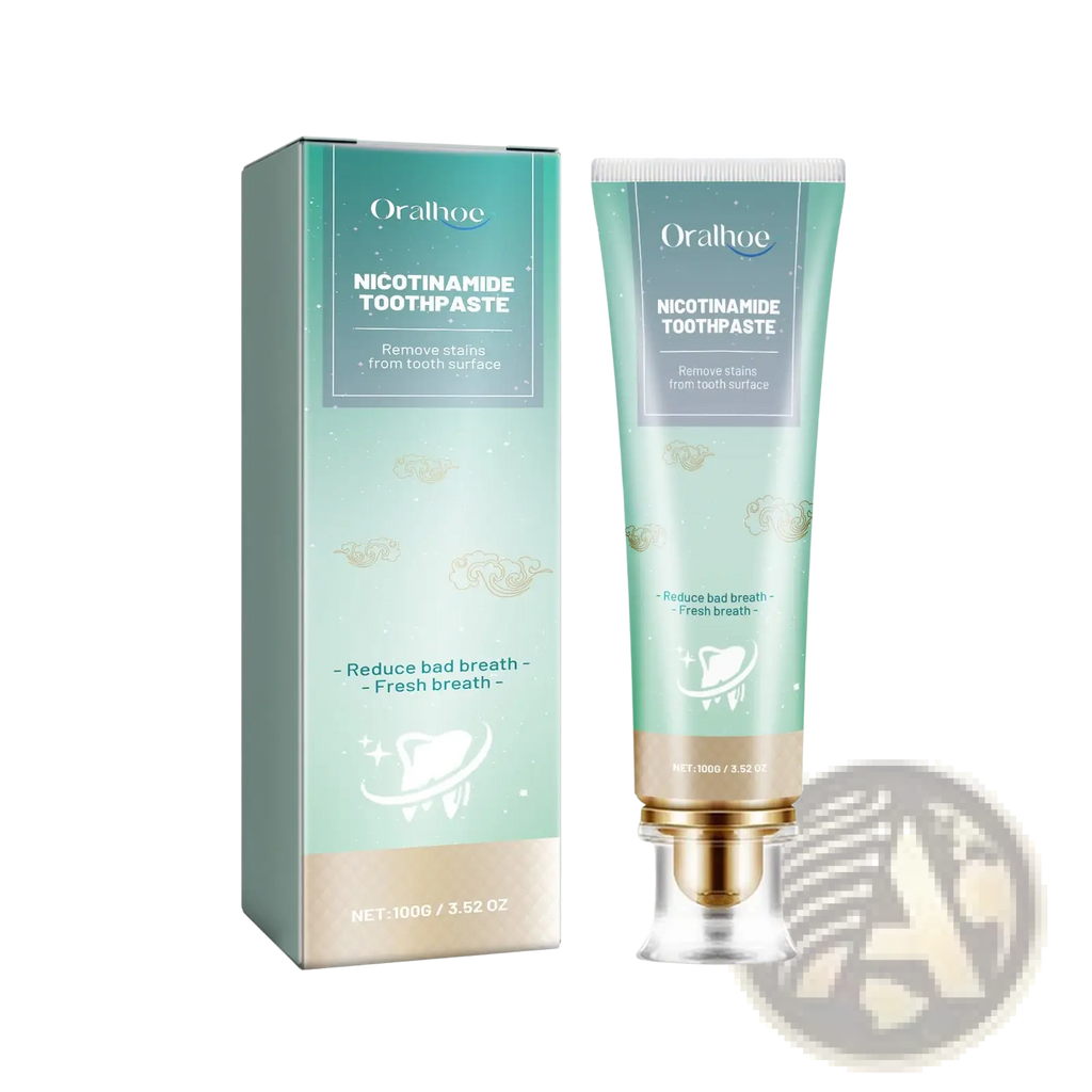 Oralhoe nicotinamide teeth whitening toothpaste in a mint green tube with gold accents for stain removal and bad breath reduction