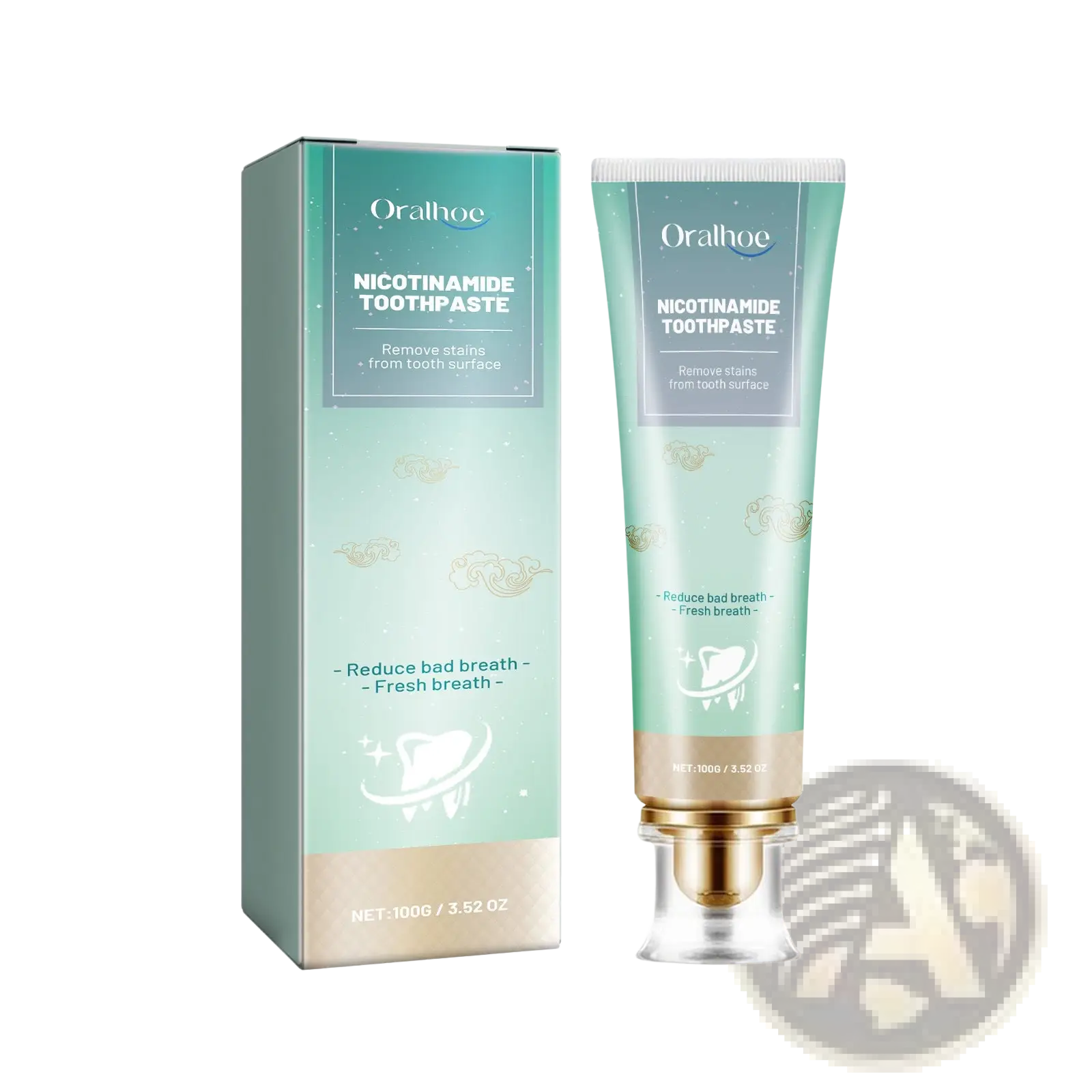 Oralhoe nicotinamide teeth whitening toothpaste in a mint green tube with gold accents for stain removal and bad breath reduction