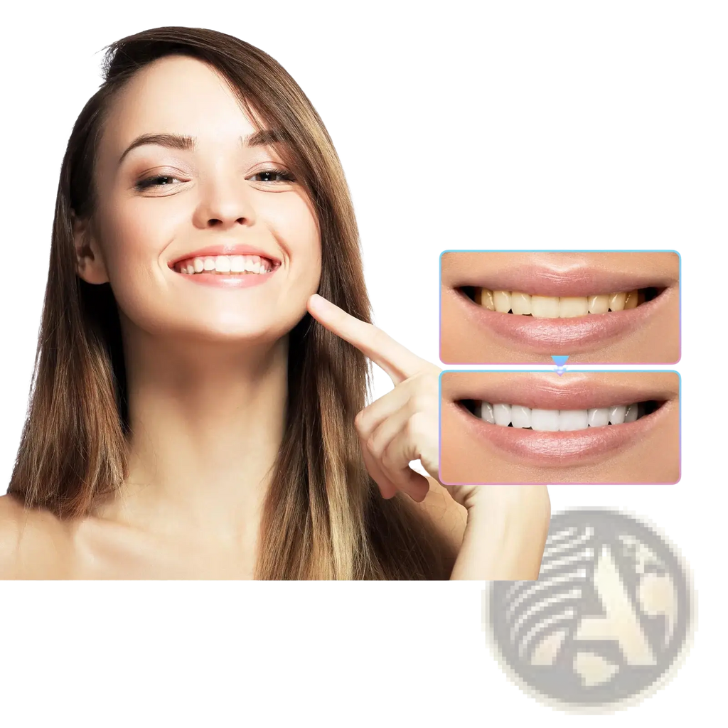 A woman with long brown hair smiling brightly showing teeth before and after using nicotinamide teeth whitening toothpaste