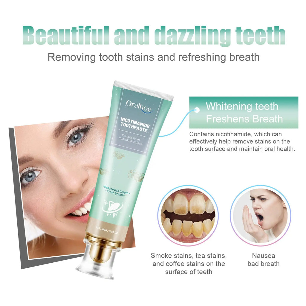A sleek light green tube of oralbec nicotinamide teeth whitening toothpaste with gold cap and transparent base 100g