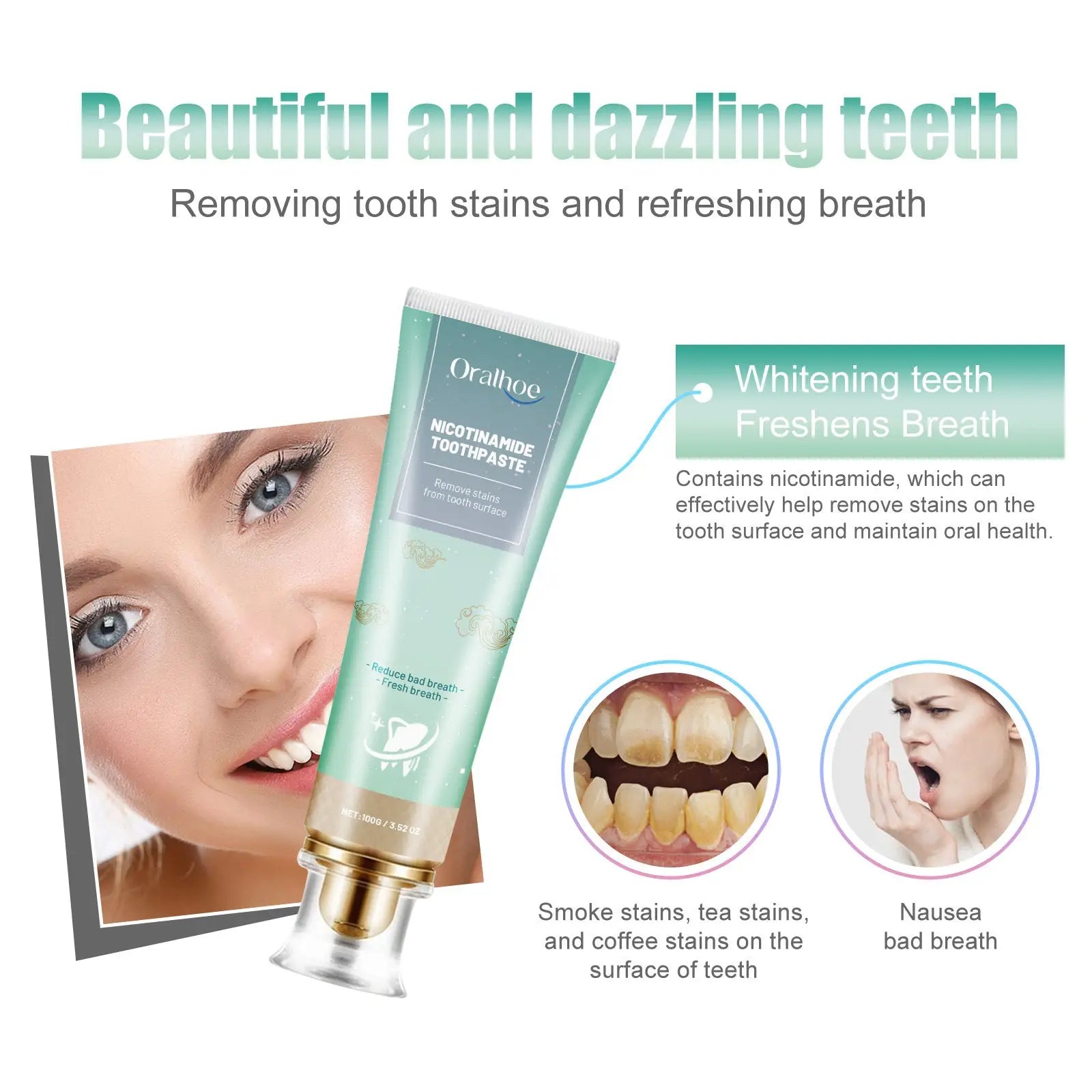 A sleek light green tube of oralbec nicotinamide teeth whitening toothpaste with gold cap and transparent base 100g