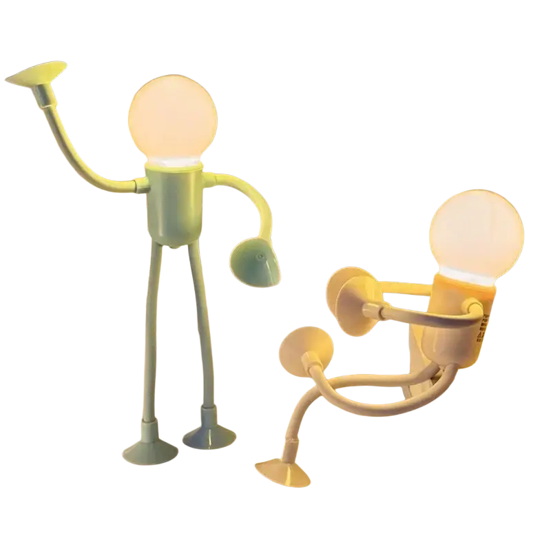 Two whimsical articulated desk lamps in mint green and off-white with glowing bulbs from mainland china night light changeable shape funny athlete design