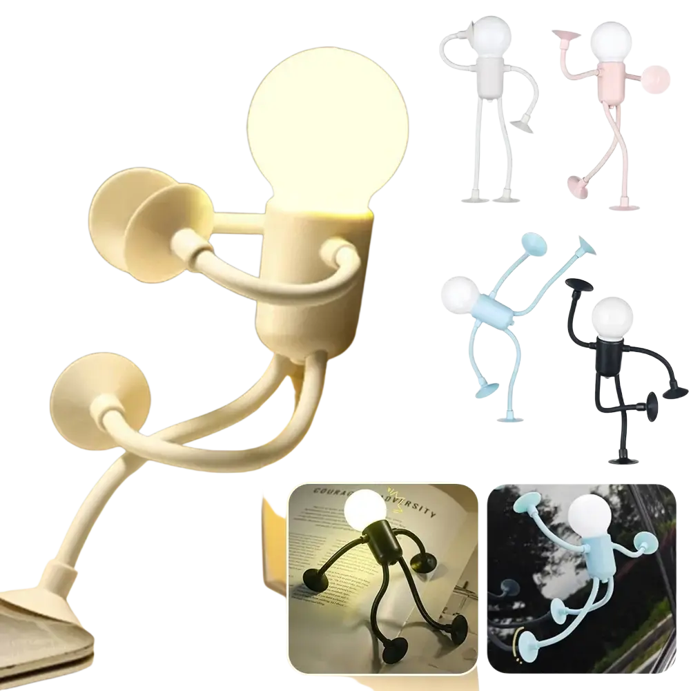 White plastic figurine night light lamp with articulated limbs and glowing bulb head changeable shape funny athlete design made in mainland china