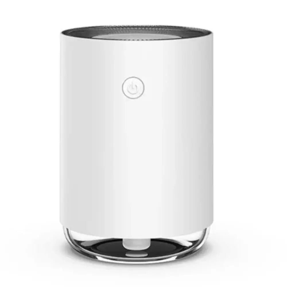 White cylindrical modern 3-in-1 led night light and essential oil diffuser with sleek design and transparent glass base