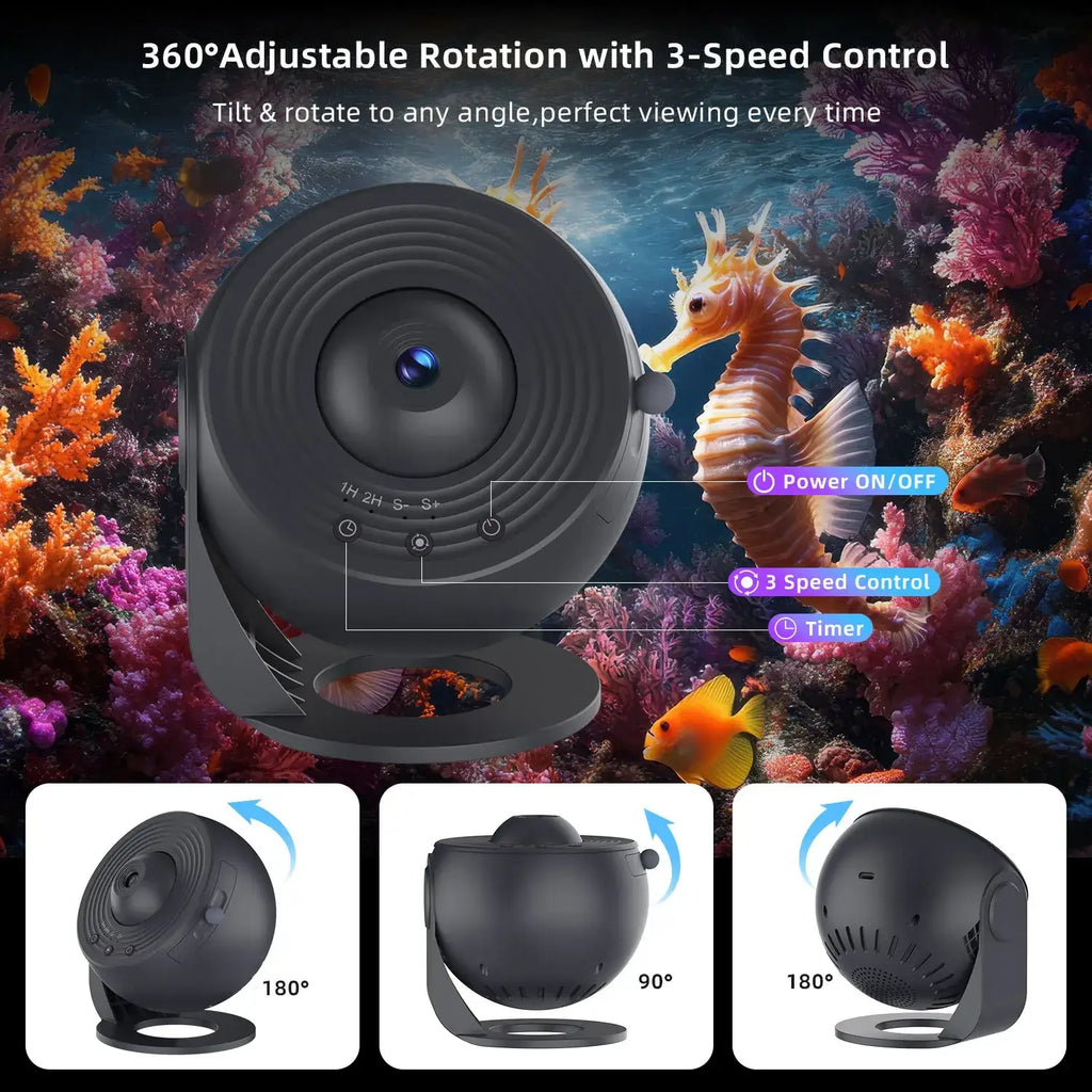 Black 360-degree adjustable night light star projector with sleek circular design and three-speed control for underwater scenes