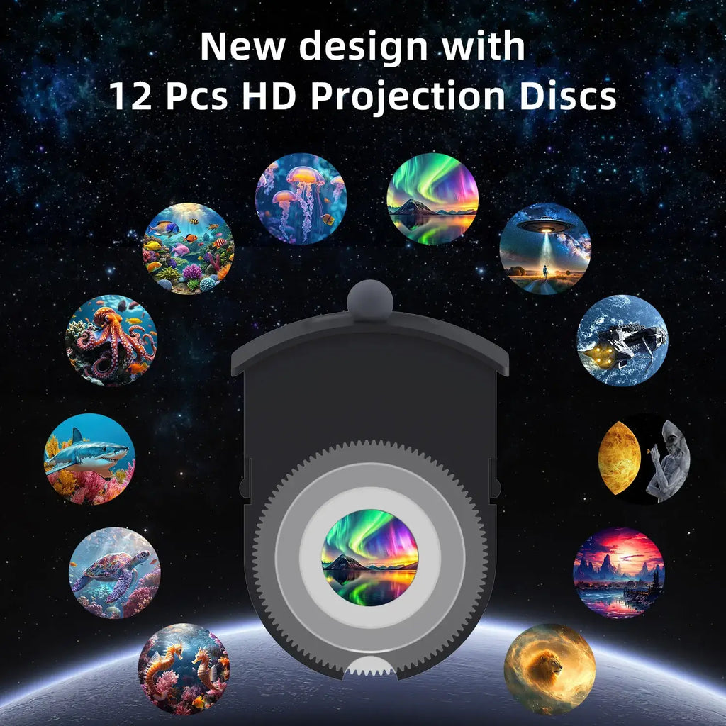 Black handheld hd night light star projector with 12 vibrant nature and space projection discs