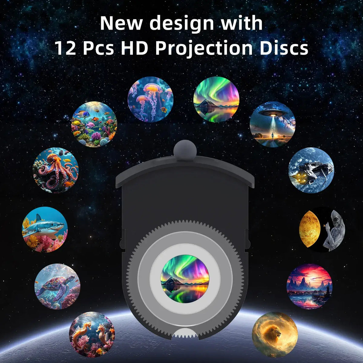 Black handheld hd night light star projector with 12 vibrant nature and space projection discs