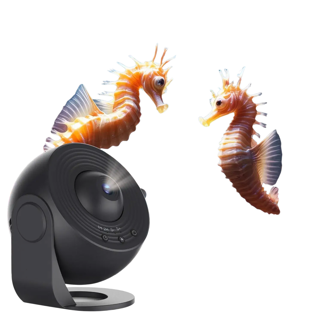 Black spherical night light star projector with matte finish displaying underwater seahorses and coral reef scenes