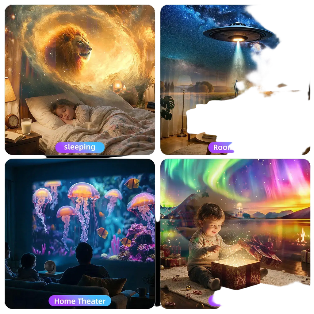 Night light star projector with 12 hd discs displays space lion, alien ufo, glowing jellyfish, and aurora gift scenes