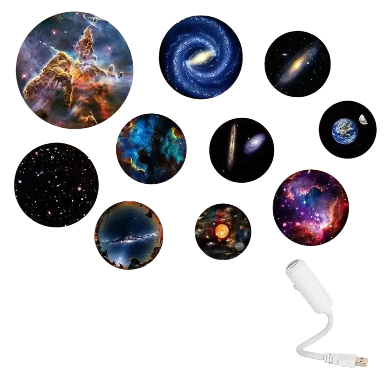Set of 10 cosmic-themed led night light projector discs with multiple interchangeable projection and usb charging cable