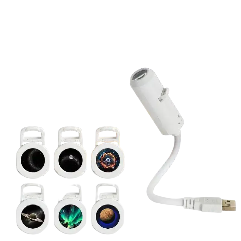 White 6-in-1 night light usb galaxy projector with multiple interchangeable projection and bendable silicone gooseneck arm