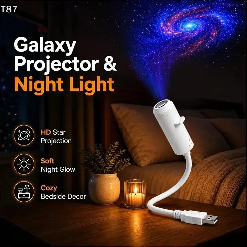 White night light usb galaxy projector with bendable silicone gooseneck projecting blue and purple spiral nebula