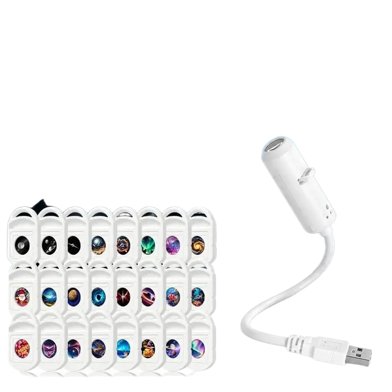 White usb-powered car ceiling night light projector with bendable silicone gooseneck and multiple interchangeable projection covers