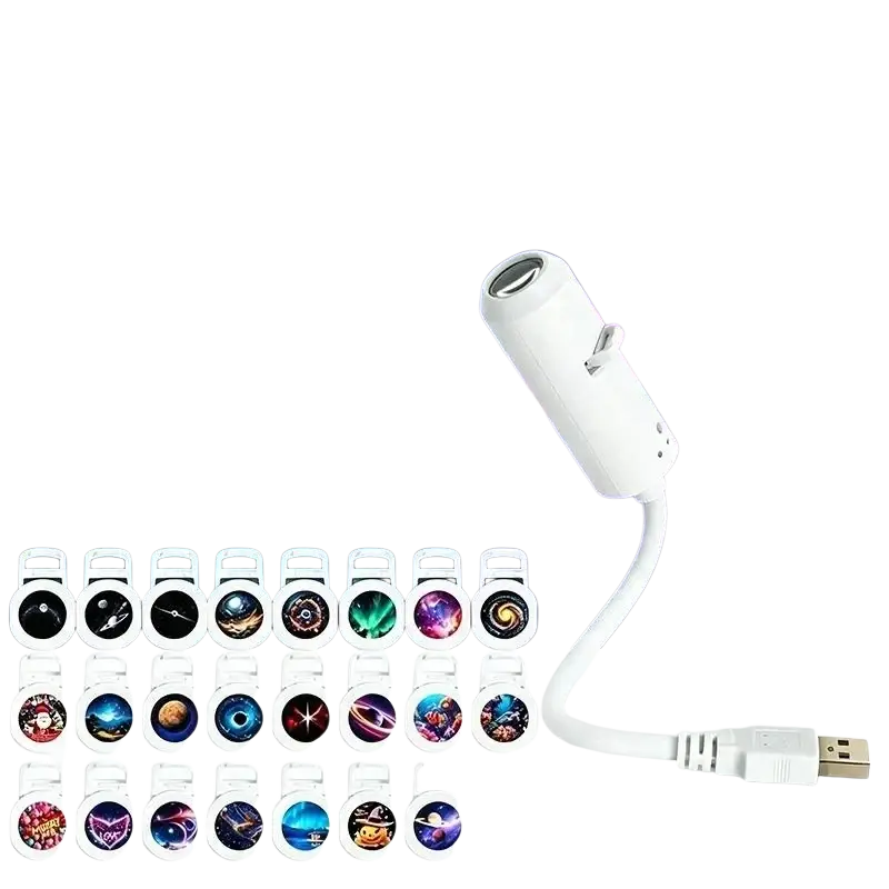White usb night light galaxy projector with bendable silicone gooseneck and multiple interchangeable cosmic projection discs