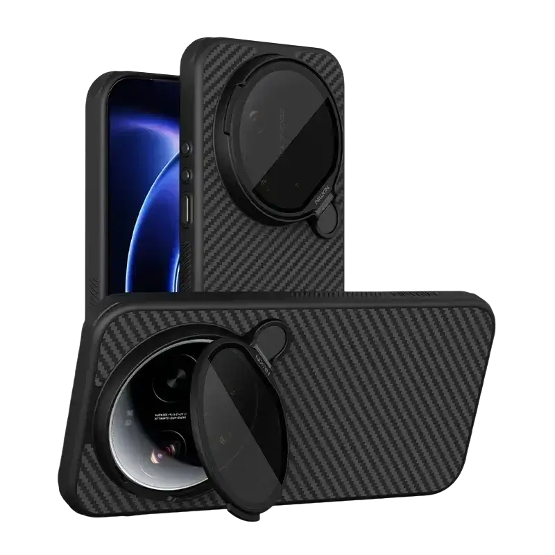 Black carbon fiber textured nillkin carboprop phone case with flip cover and circular camera ring for Xiaomi 17 Ultra leica edition back side