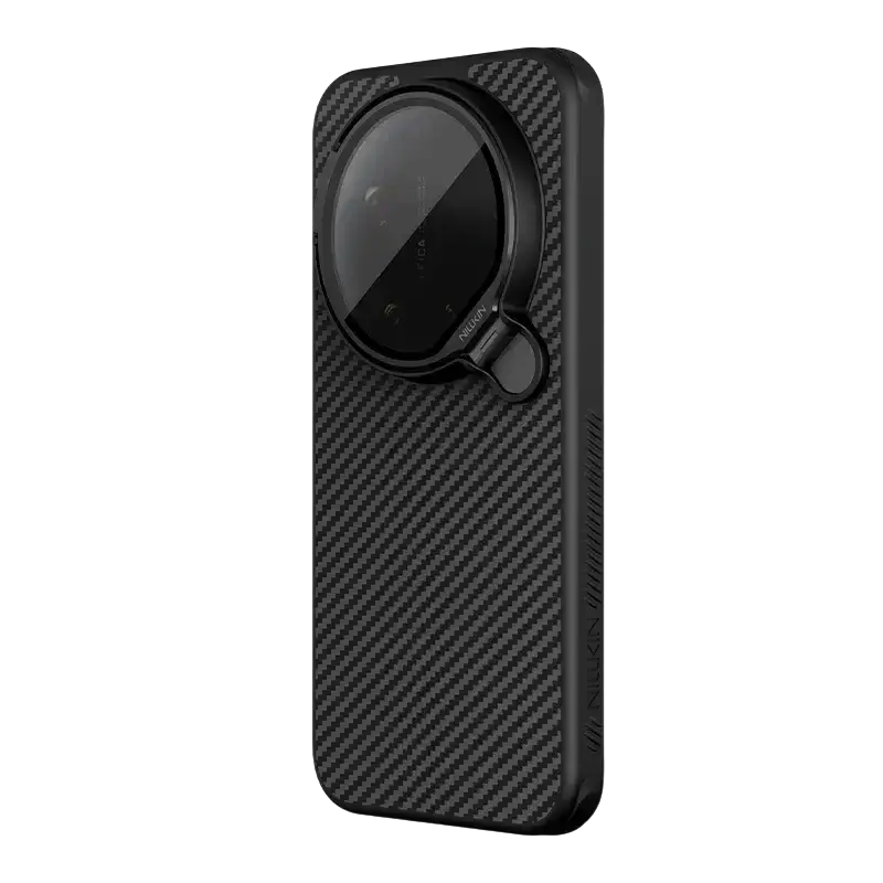 Back side of nillkin carboprop leica edition phone case for xiaomi 17 ultra with black carbon fiber texture and ring holder