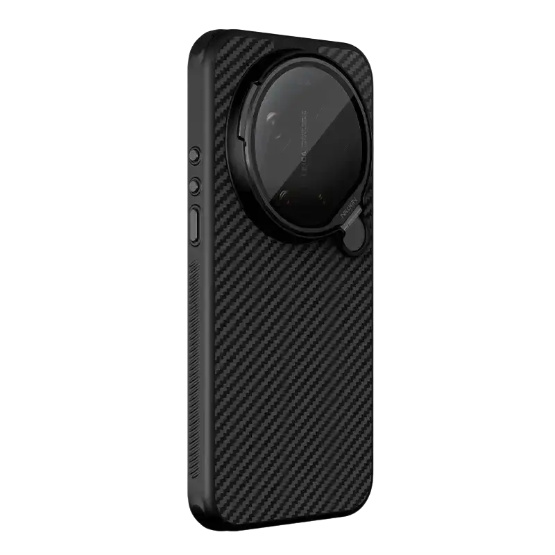 Black carbon fiber textured back of nillkin carboprop phone case with circular camera cutout and integrated ring for xiaomi 17 ultra leica edition
