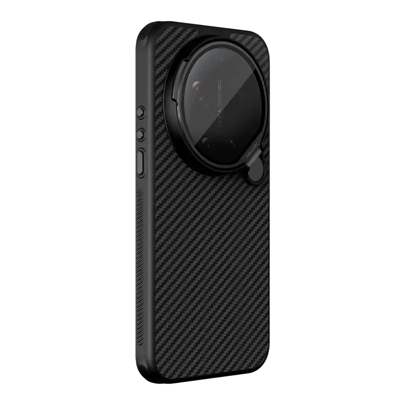 Black carbon fiber textured back of nillkin carboprop phone case with circular camera cutout for xiaomi 17 ultra leica edition