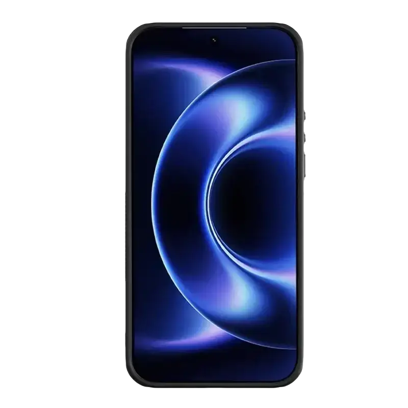 Black-framed smartphone with immersive display featuring dynamic blue abstract swirl wallpaper in nillkin carboprop phone case