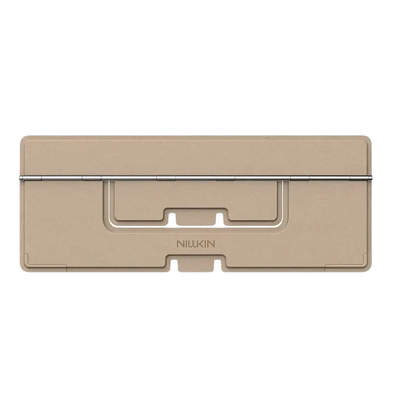 Beige nilkin dualwing adhesive laptop stand with sleek textured surface and metallic hinge computer bracket type