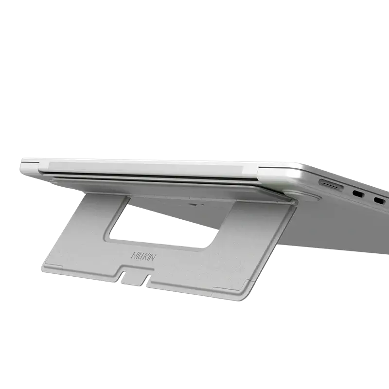 Silver nillkin dualwing adhesive laptop stand with adjustable minimalist design supporting a tablet computer bracket type