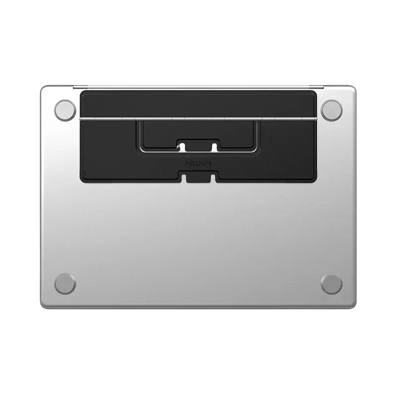 Silver nillkin dualwing adhesive laptop stand with a black adjustable support arm computer bracket type