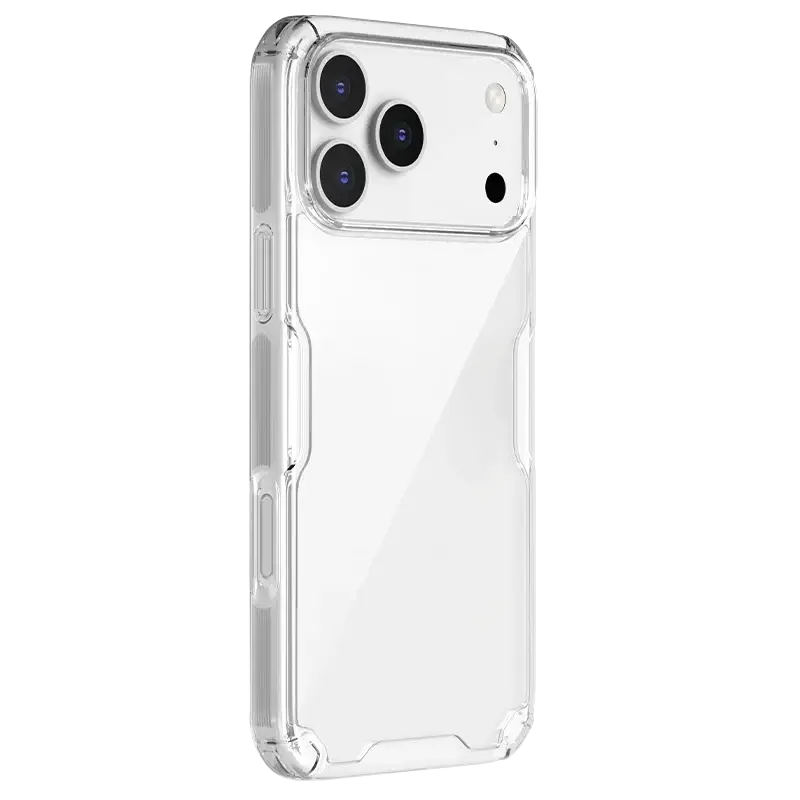 Clear nillkin nature tpu pro iphone 17 phone case with reinforced edges and camera cutout shown from back side