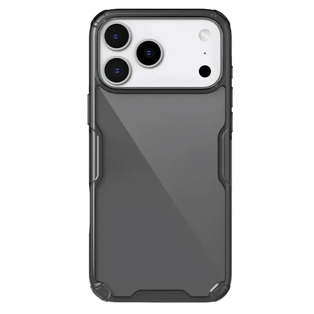 Dark gray transparent nillkin nature tpu pro iphone 17 phone case with reinforced edges and sleek modern design back side view