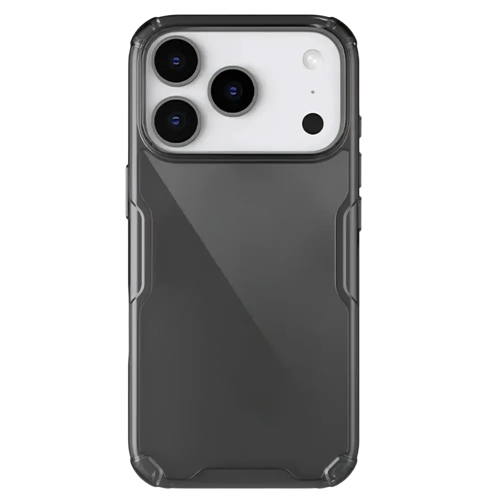 Transparent black nillkin nature tpu pro phone case with reinforced corners and glossy finish shown from the back side
