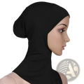Black seamless ninja hijab undercap made of soft stretchy cotton fabric draping smoothly over head and neck