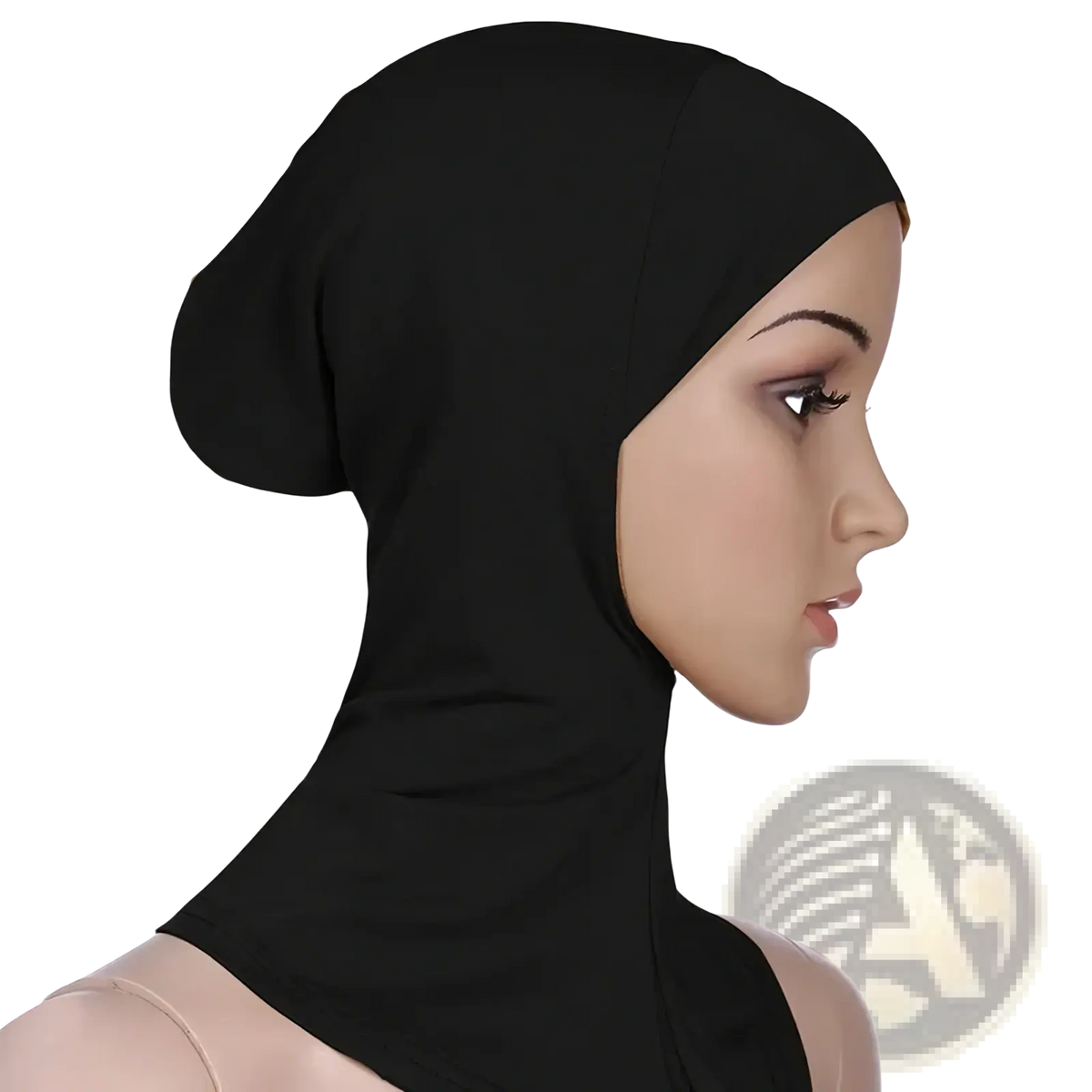 Black seamless ninja hijab undercap made of soft stretchy cotton fabric draping smoothly over head and neck