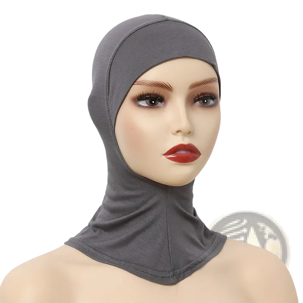 Gray stretchy cotton ninja hijab undercap showing form-fitting soft fabric for comfortable inner cap use