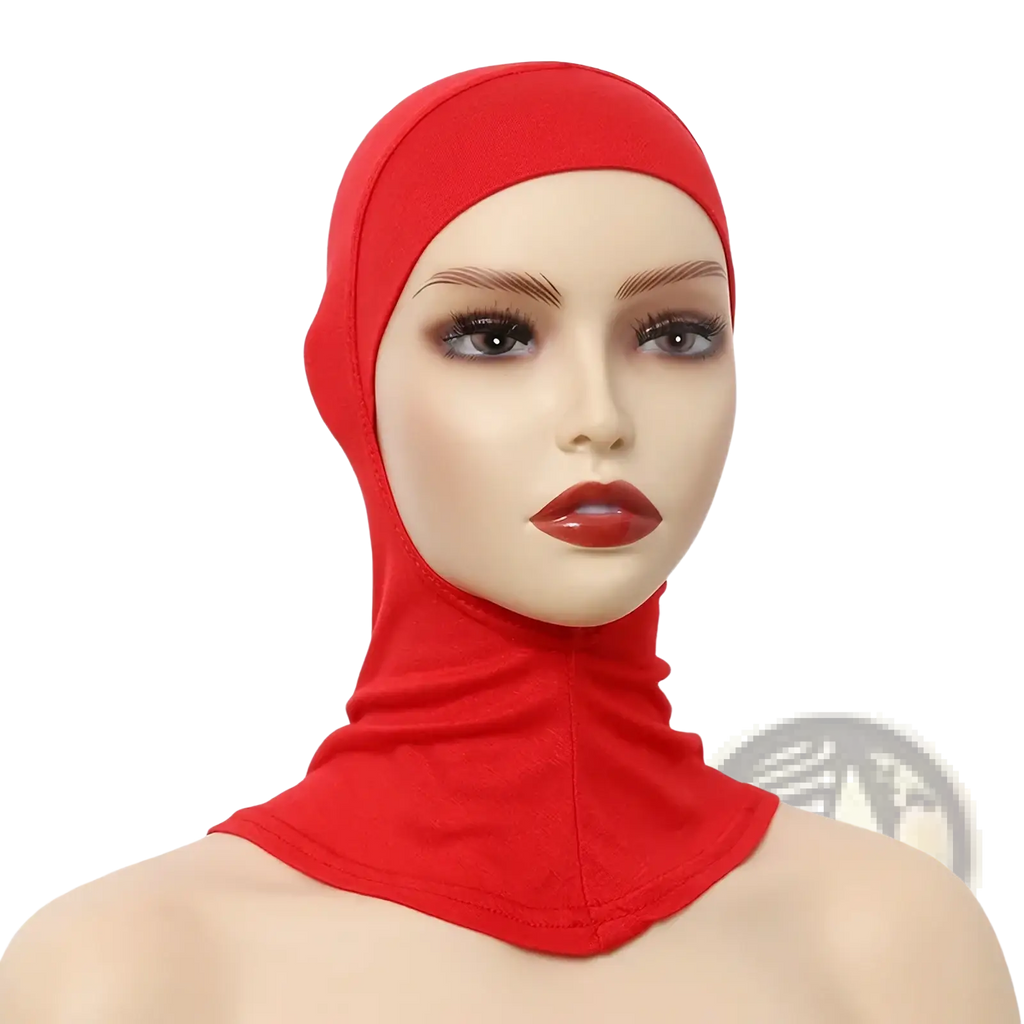 Red form-fitting ninja hijab undercap made of stretchy cotton fabric designed as a comfortable inner cap