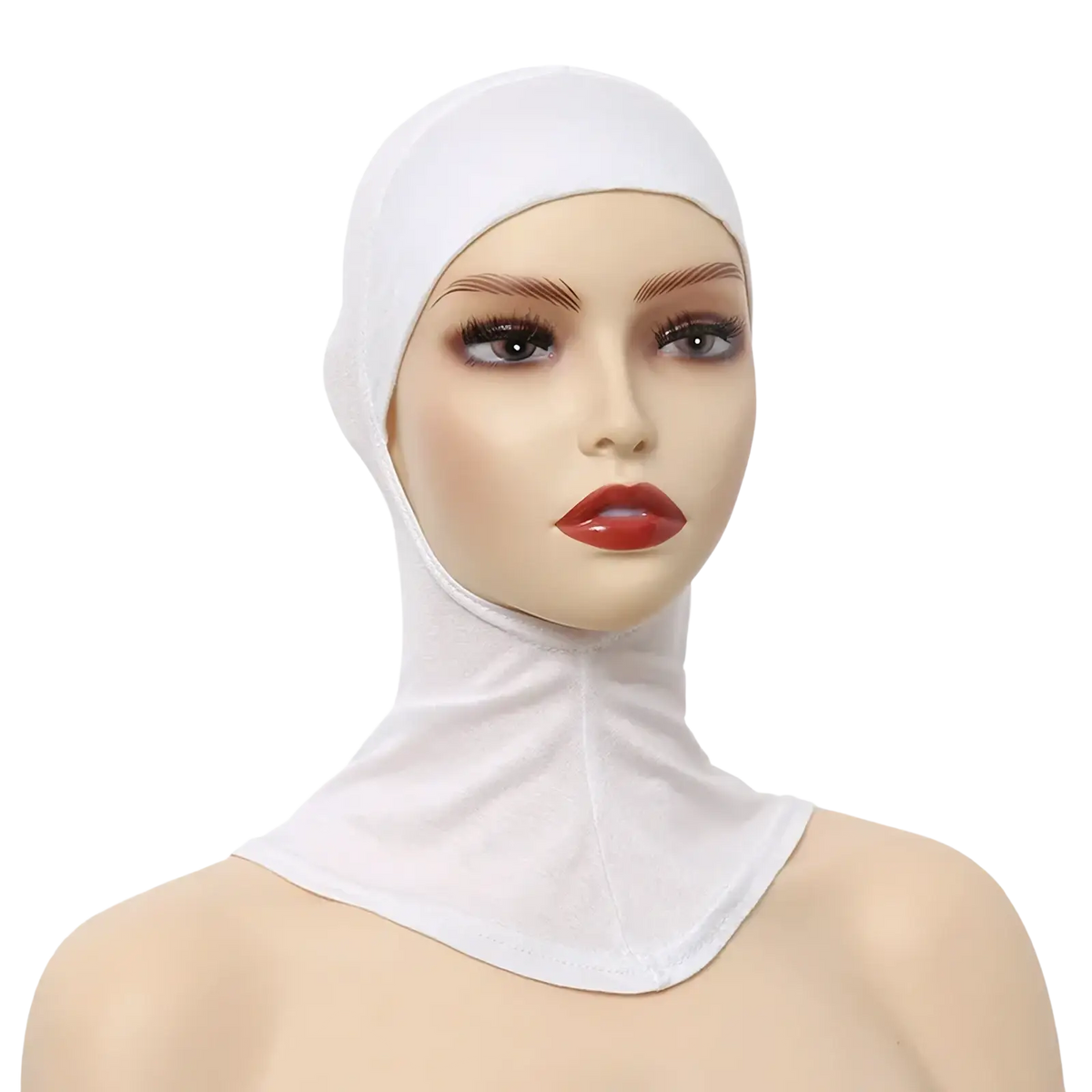Ninja hijab undercap made of stretchy white cotton fabric with snug fit and full neck coverage