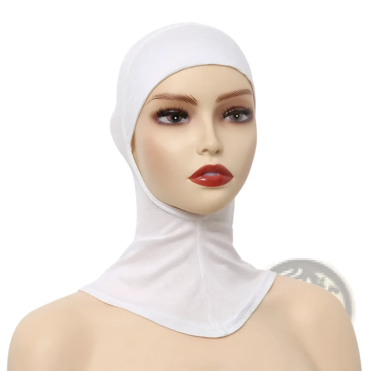 Ninja hijab undercap made of stretchy white cotton fabric with snug fit and full neck coverage