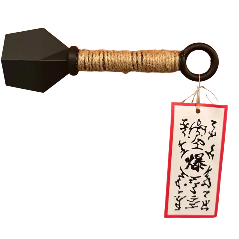 Black arrow-shaped pvc ninja kunai fridge magnet with wrapped twine handle and hanging tag as a door stop