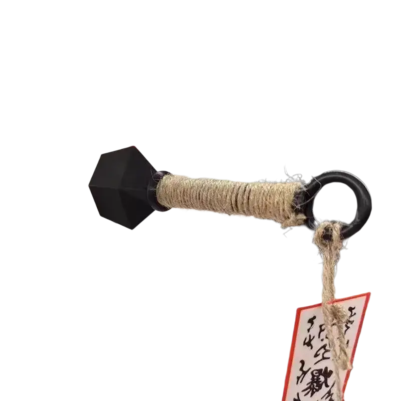Black pvc ninja kunai fridge magnet shaped like a hexagonal dumbbell with natural twine wrapped handle and loop