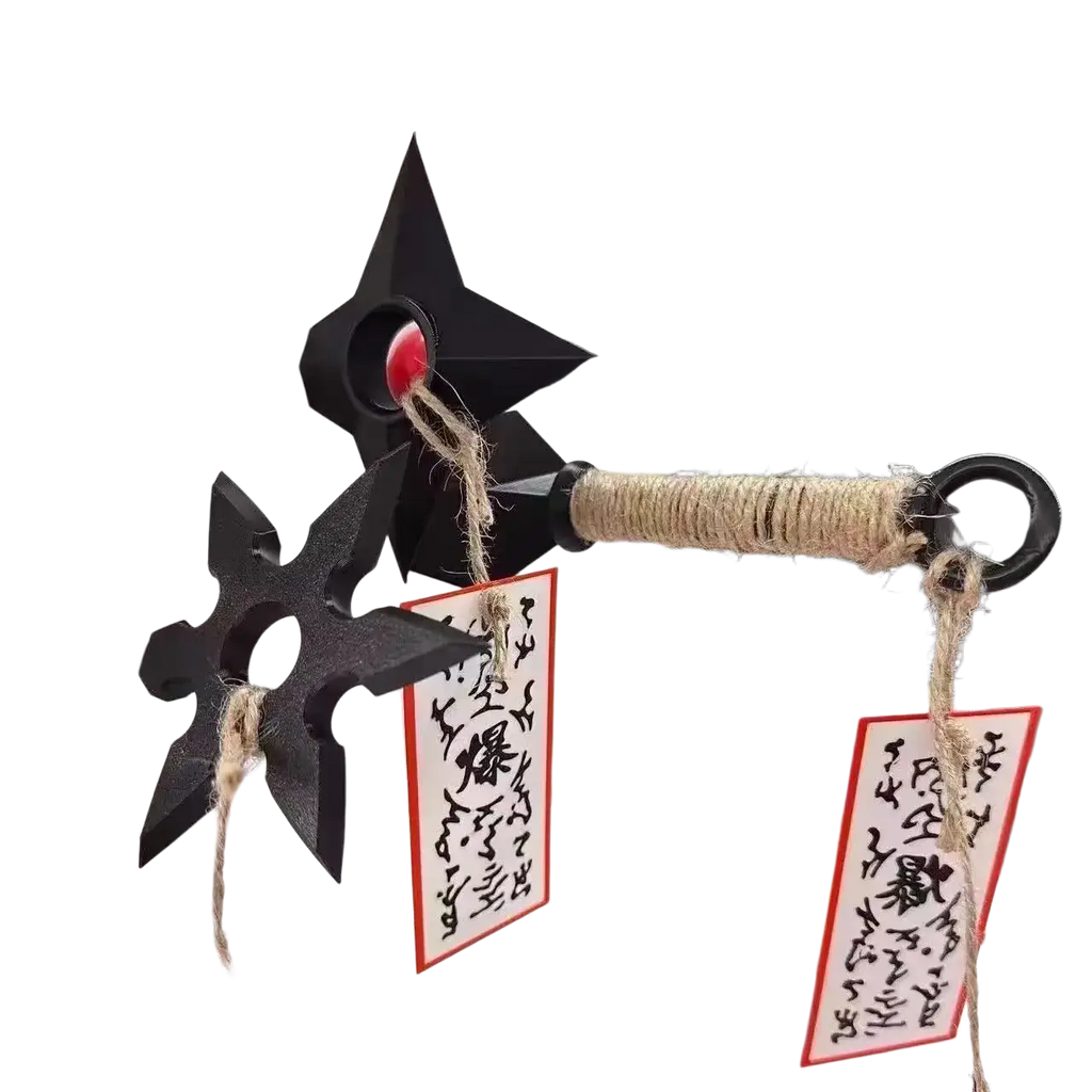 Black plastic ninja star-shaped pvc shuriken fridge magnet with rope-wrapped handle and red circular accent