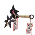 Black plastic ninja star-shaped pvc shuriken fridge magnet with rope-wrapped handle and red circular accent