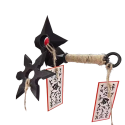 Black plastic ninja star-shaped pvc shuriken fridge magnet with rope-wrapped handle and red circular accent