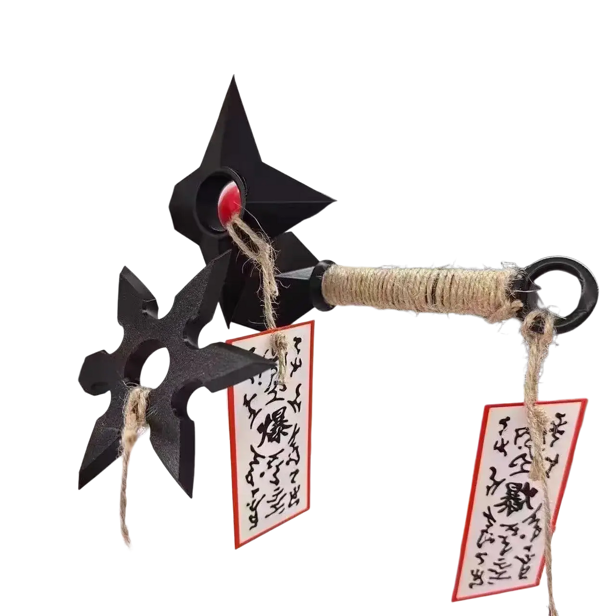 Black plastic ninja star-shaped pvc shuriken fridge magnet with rope-wrapped handle and red circular accent