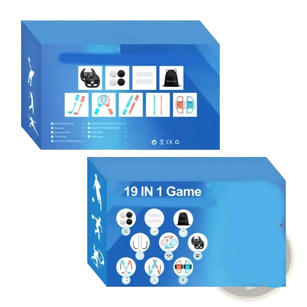 Blue rectangular 19 in 1 game box with sports icons and dimensions for Nintendo Switch 2 sports accessory bundle back view