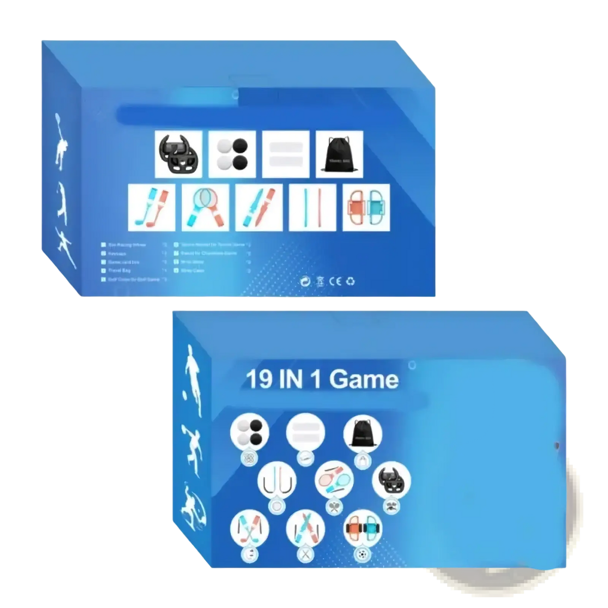 Blue rectangular 19 in 1 game box with sports icons and dimensions for Nintendo Switch 2 sports accessory bundle back view