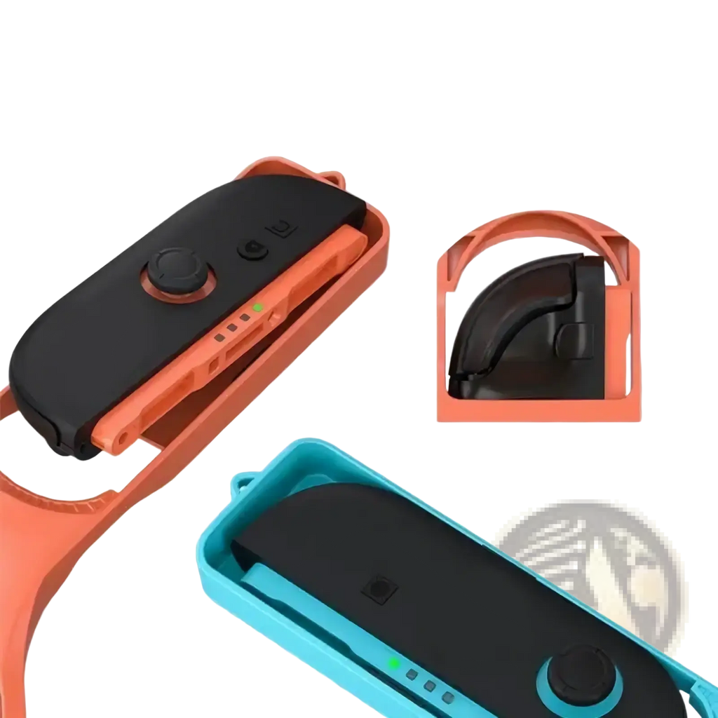 Nintendo Switch 2 sports accessory bundle with orange and teal plastic joy-con grip holders and black controller inserts