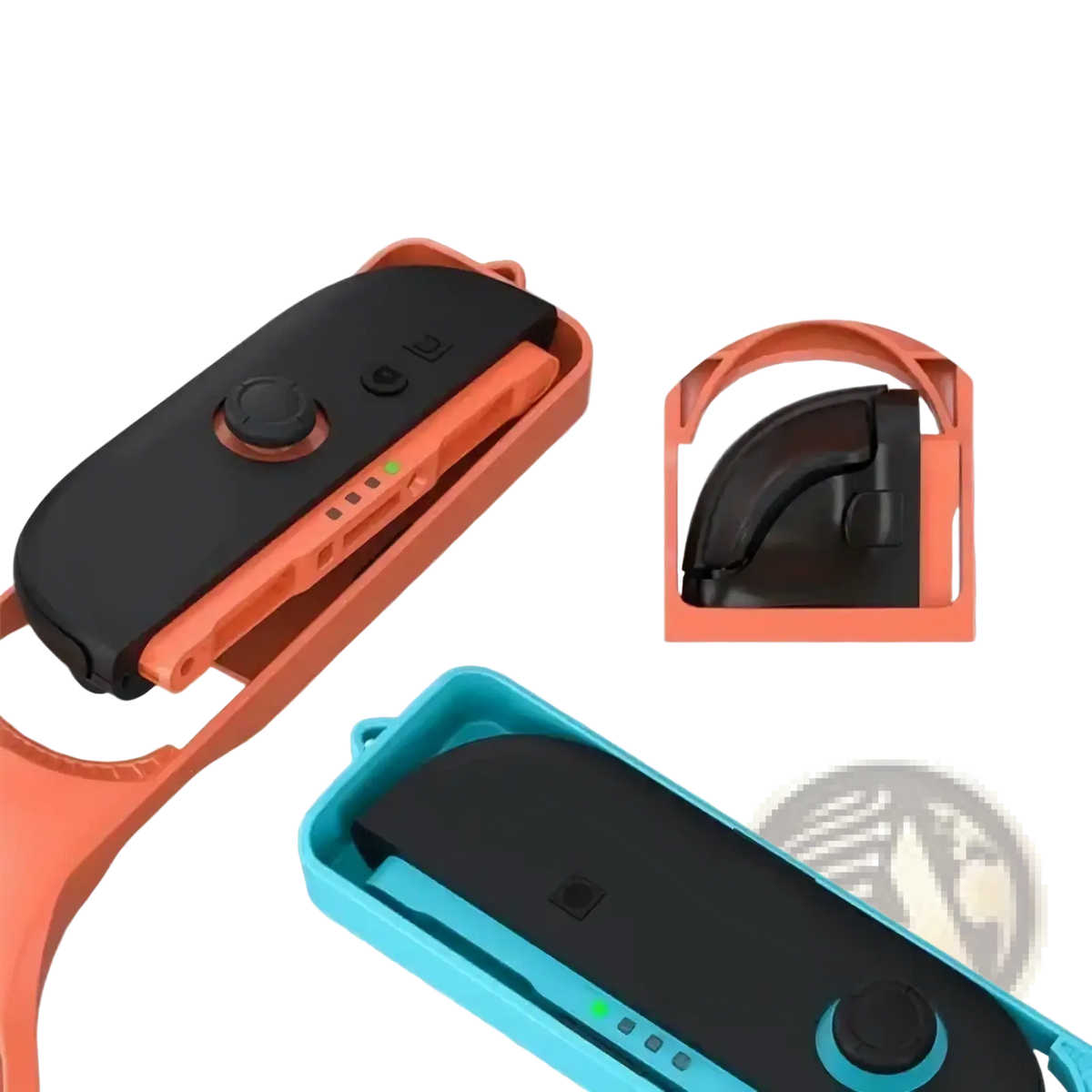 Nintendo Switch 2 sports accessory bundle with orange and teal plastic joy-con grip holders and black controller inserts